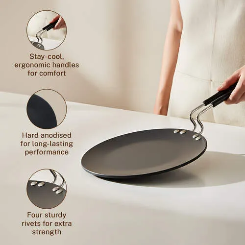 Prestige Hard Anodised Plus Roti Tawa (Black) | Gas and Induction Compatible | Thick Body | Perma Cool Handle - Detail View